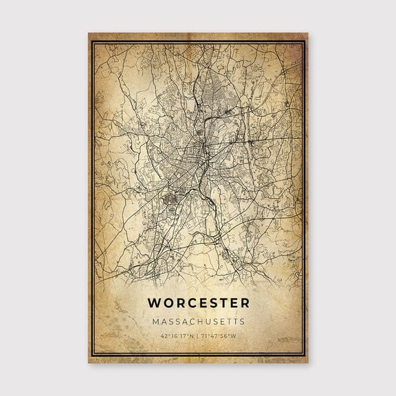 Worcester MA Map Print: Modern Vintage City Artfor Living Room Bedroom Office Farmhouse Neutral Home Artwork Ready to Hang 8x12 inch