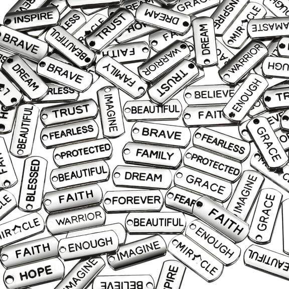 Word Charms Pendants 80 PCS Engraved, Motivational Stainless Steel Charms for Jewelry Making, DIY Necklaces, Bracelets, Keychains, Anklets, Inspirational Gift Making, Silver