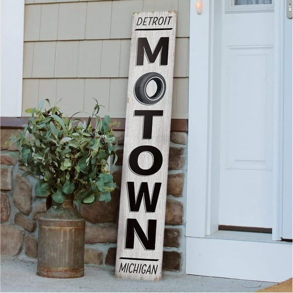 My Word! Detroit Michigan Motown Welcome Sign and porch leaner for Front Porch, Yard, Deck, Patio, or Wall - Indoor Outdoor Decorative Farmhouse Rustic Vertical Home Decor 8"x46.5"