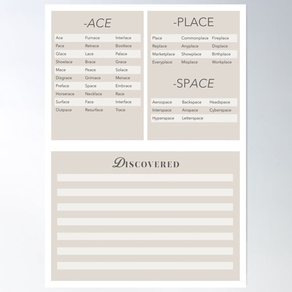 Word Endings With 'Ace' Poster Wall Art, Modern Wall Decor For Living Room Bedroom, 16x24 UNFRAMED