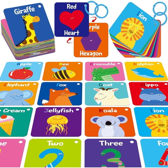 Word Flashcards, Double Sided Cards with Alphabet, Numbers, Foods, Animals, CVC Words, Colors & Shapes and Reclosable Rings