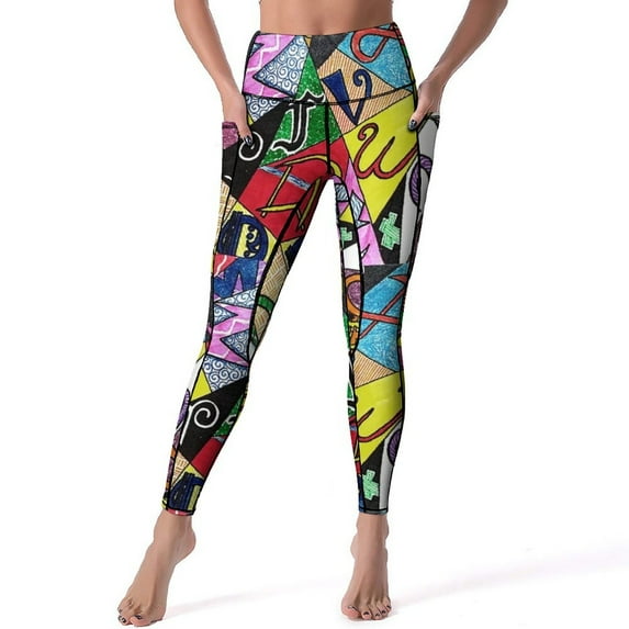 Word Graffiti Street Art Leggings With Pockets Letter Print Pattern Yoga Pants High Waist Fitness Yoga Legging Sweet Elastic