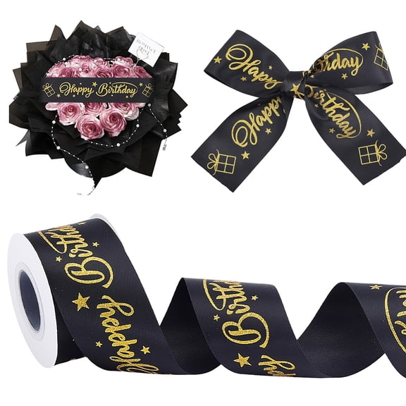 Word Happy Birthday Polyester Ribbons for Bouquet Decoration Gift Wrapping Black 2 inch(51mm) 15 yards/roll