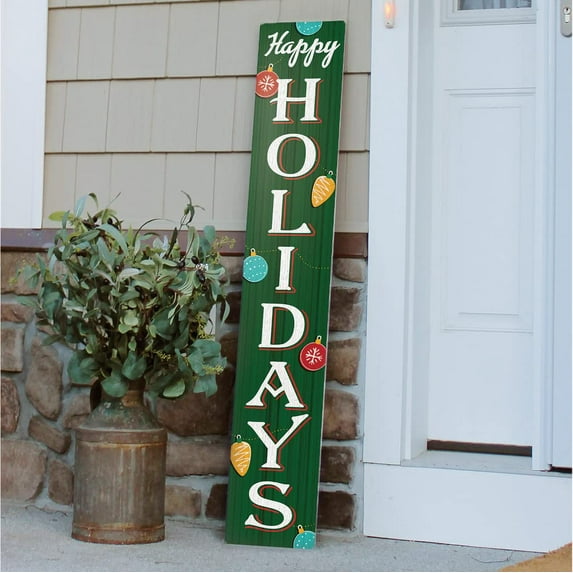 My Word! Happy Holidays Multicolor Ornaments Christmas Holiday Porch Board Welcome Sign & Porch Leaner for Front Porch Deck Patio or Wall Indoor Outdoor Farmhouse Rustic Vertical Home Decor 8"x46.5"