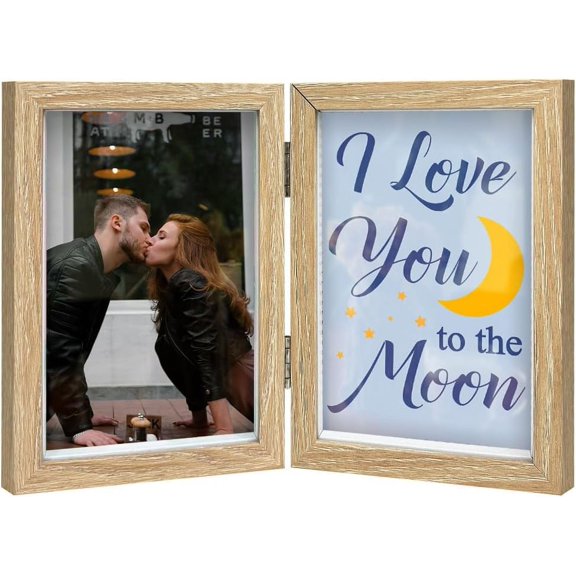 Word I Love You To The Moon Wood Picture Frames Box 2 Vertical Openings with Signal Sided Rectangle Paper Folding Photo Frame Card Word