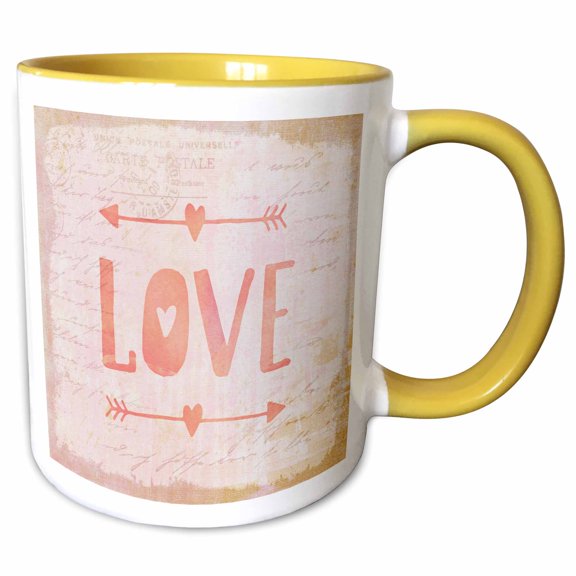 3drose, Word Love Typography Art with Arrows, 11oz Two-tone Yellow Mug