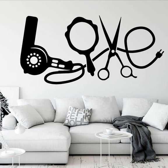 Word Love Wall Decal Hair Dryer Fashion Hairdressing Salon Barber Shop Interior Decor Door Window Vinyl Stickers Art Mural 57x117cm
