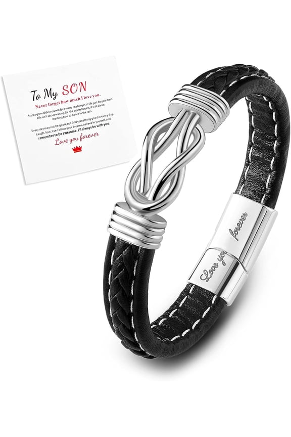 Word Love You Forever Stainless Steel Interlocking Knot Link Bracelet Leather Wristband Gifts for Son Black 8-7/8 inch(22.5cm)
