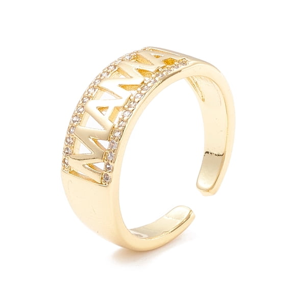 Word Mama Cubic Zirconia Cuff Ring Rack Plating Brass Open Ring for Mother's Day Golden US Size 6 1/2(16.9mm)