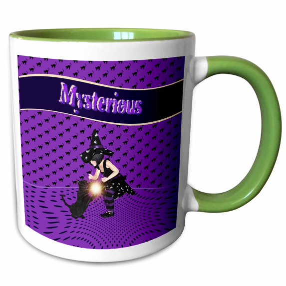 3drose, Word Mysterious, Black Cat and Little Witch, Purple and Black, 11oz Two-tone Green Mug
