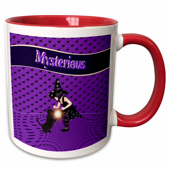 3drose, Word Mysterious, Black Cat and Little Witch, Purple and Black, 15oz Two-tone Red Mug