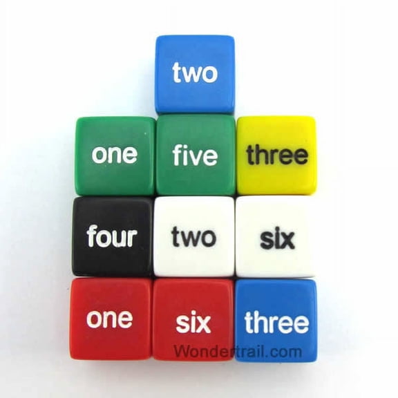 Word Number Dice D6 16mm (5/8in) Set of 10 Dice Koplow Games