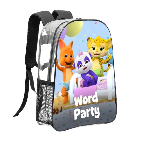 Word Party-theme Clear Backpack Heavy Duty Transparent Bag See Through Bookbag for Work, Sport, College, Travel12.2X16.9"(31X43cm)