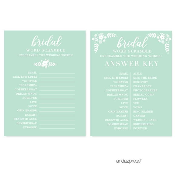 Word Scramble Floral Mint Green Wedding Bridal Shower Game Cards, 20-Pack