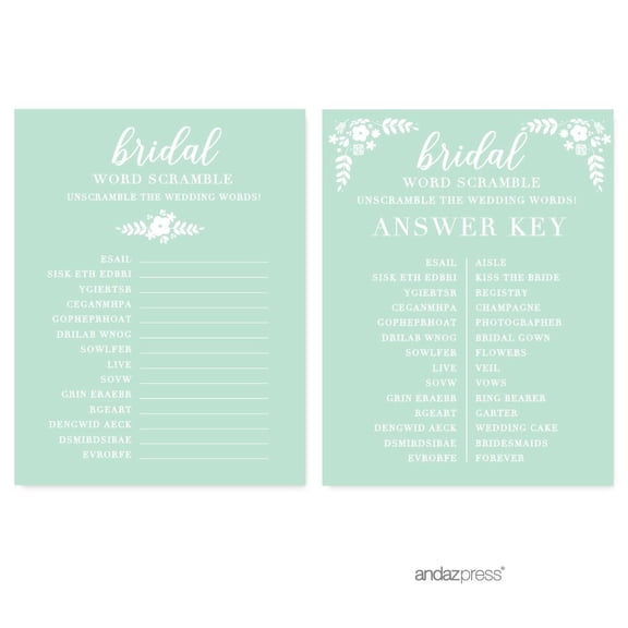 Koyal Wholesale Floral Mint Green Wedding Word Scramble Bridal Shower Game Cards, 20-Pack
