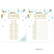 Word Scramble Game Baby Blue Gold Glitter Baby Shower Games, 20-Pack
