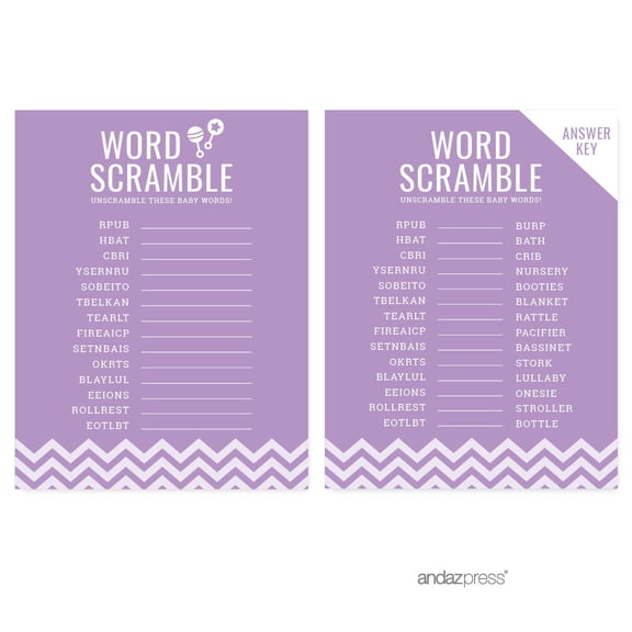 Koyal Wholesale Lavender Chevron Girl Baby Shower Collection, Word Scramble Game Cards, 20-Pack