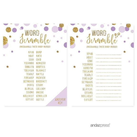 Word Scramble Game  Lavender Gold Glitter Baby Shower Games, 20-Pack