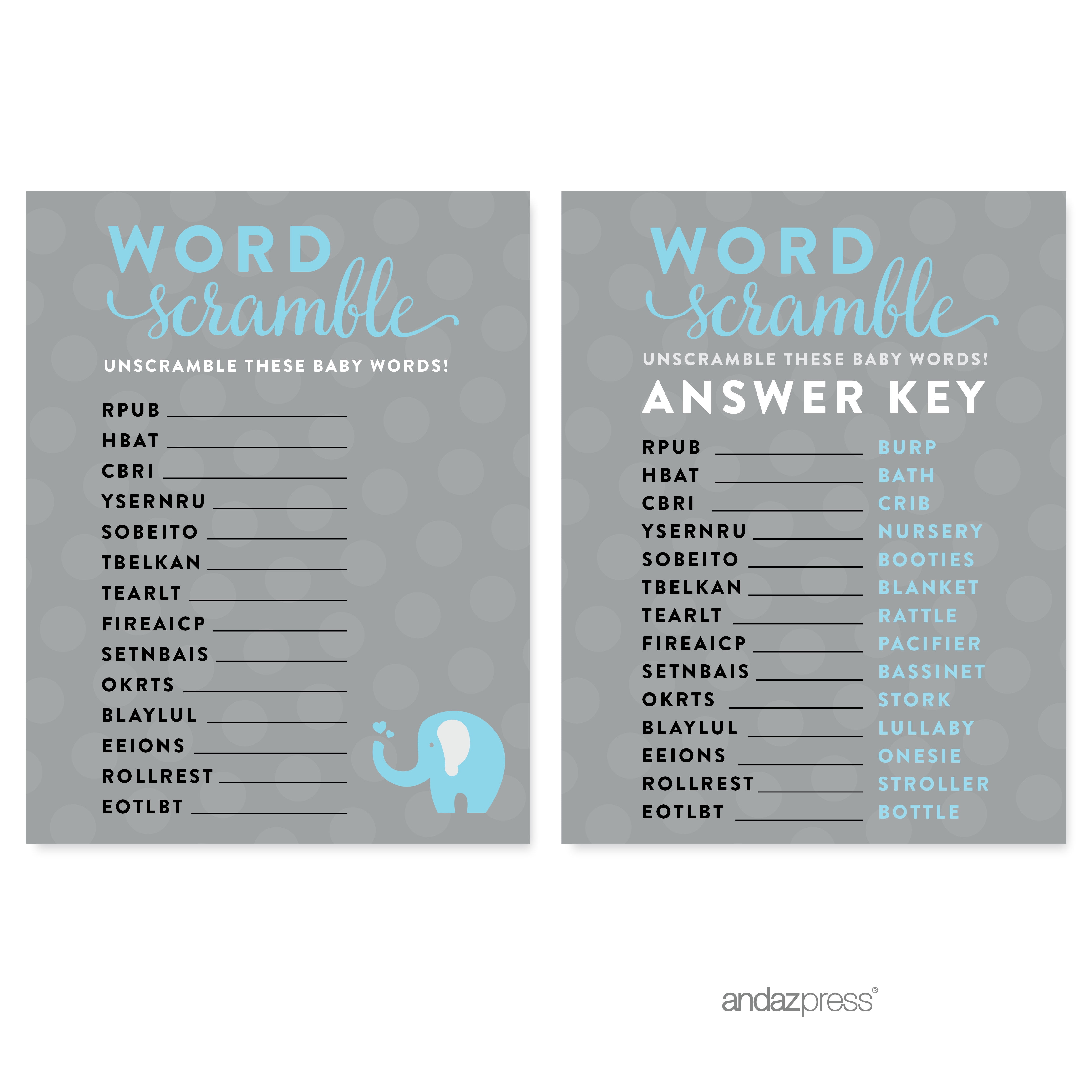 Word Scramble Gray Boy Elephant Baby Shower Games , 20-Pack, image size:4583x4583