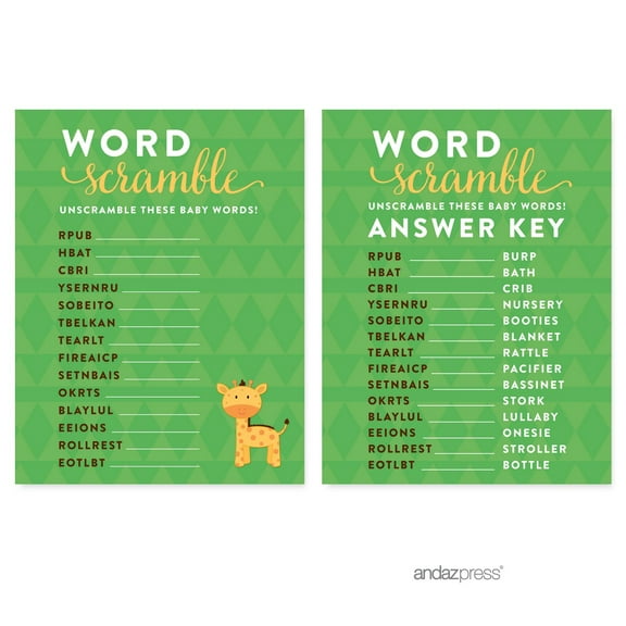Word Scramble Jungle Safari Baby Shower Games, 20-Pack