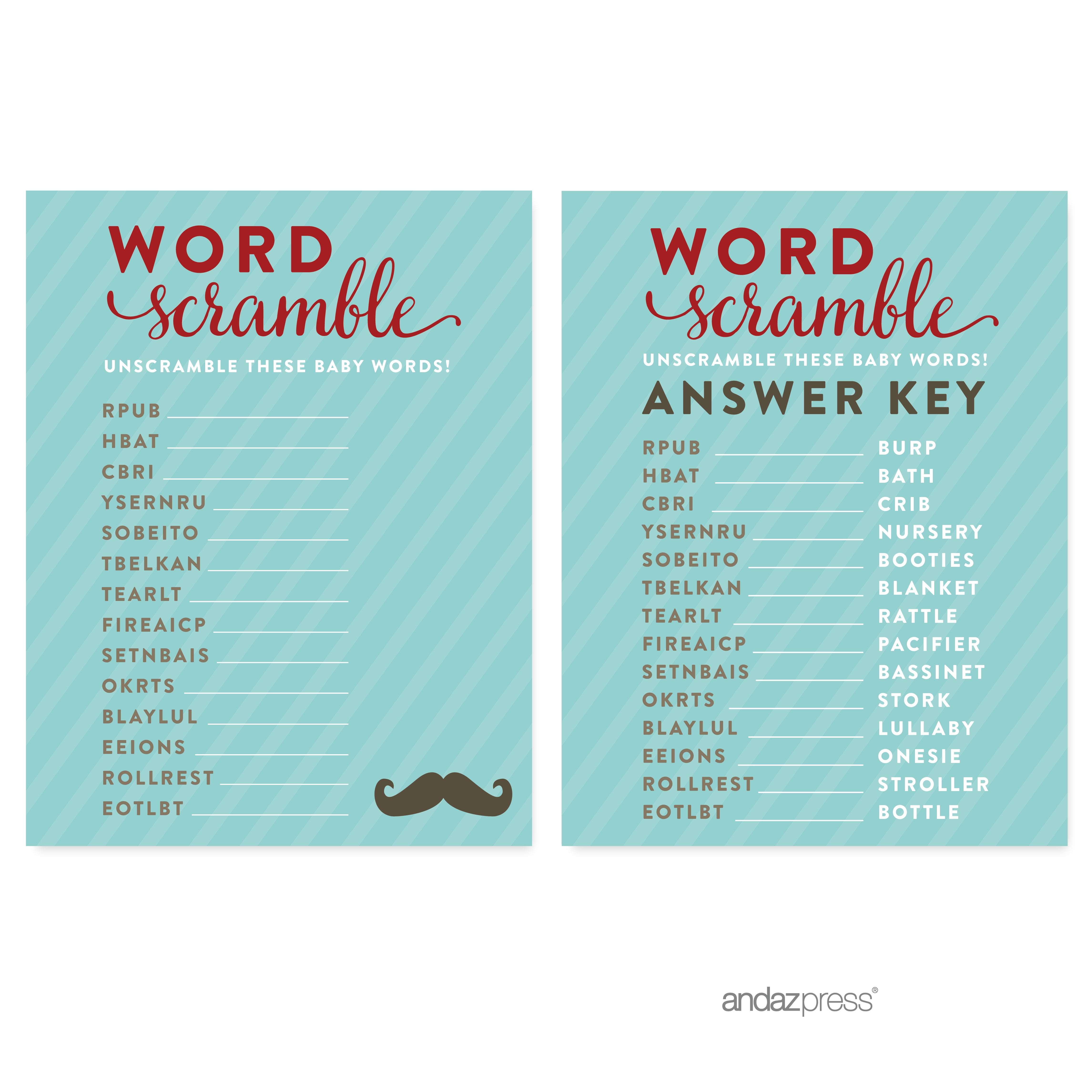 Word Scramble Lil Man Mustache Boy Baby Shower Games, 20-Pack - Walmart.com, image size:4583x4583