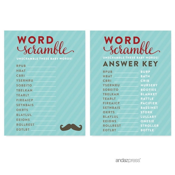 Word Scramble Lil Man Mustache Boy Baby Shower Games, 20-Pack