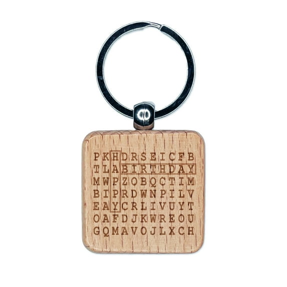 Word Search Birthday Square Keychain Charm Tag - Engraved Wood