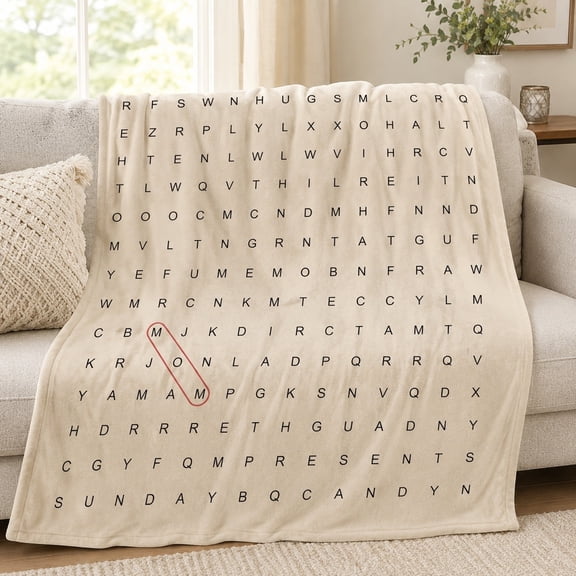 Word Search Fleece Blanket, 280gsm Polyester Fleece Throw Blanket, Beige Letter Puzzle Print, Machine Washable, Multiple Sizes