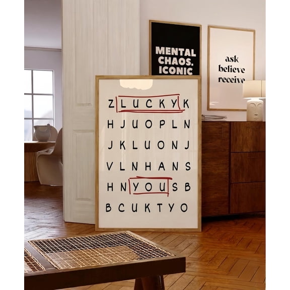 Word Search Lucky You Hidden Message Wall Art Puzzle Typography Print Printable Wall Art Brain Teaser Unique Gift Idea, Unframed Canvas