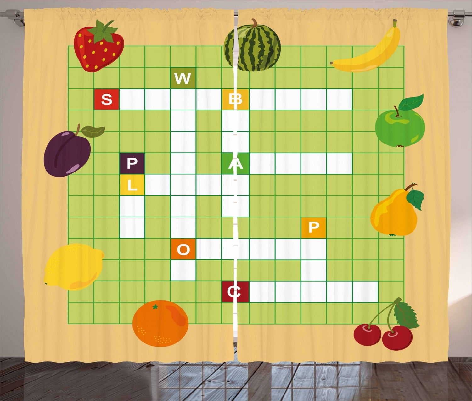 Word Search Puzzle Curtains 2 Panels Set, Vivid Graphic Summer Fruits