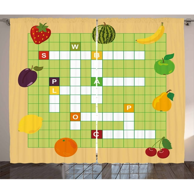 Word Search Puzzle Curtains 2 Panels Set, Vivid Graphic Summer Fruits