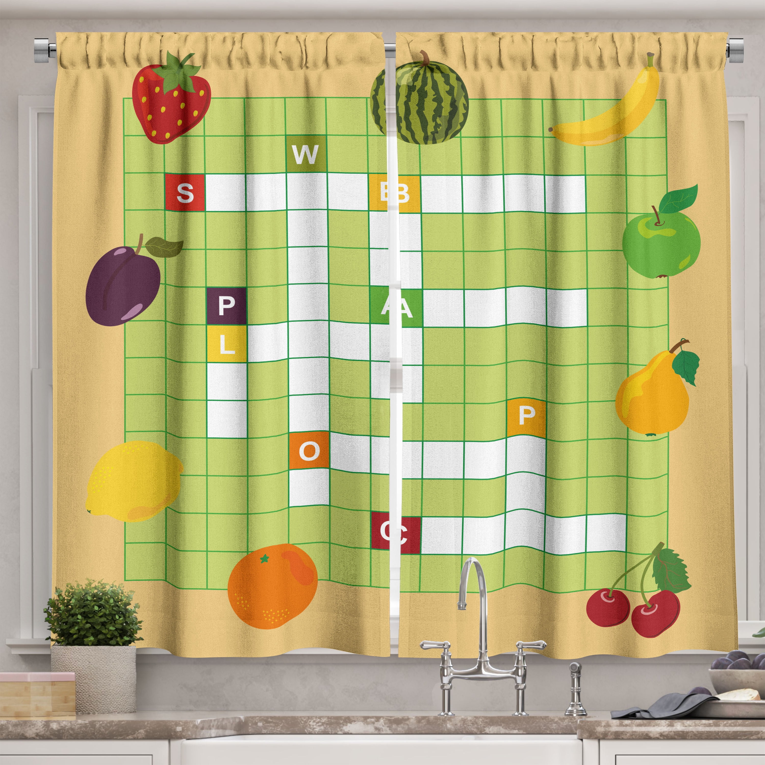 Word Search Puzzle Curtains 2 Panels Set, Vivid Graphic Summer Fruits