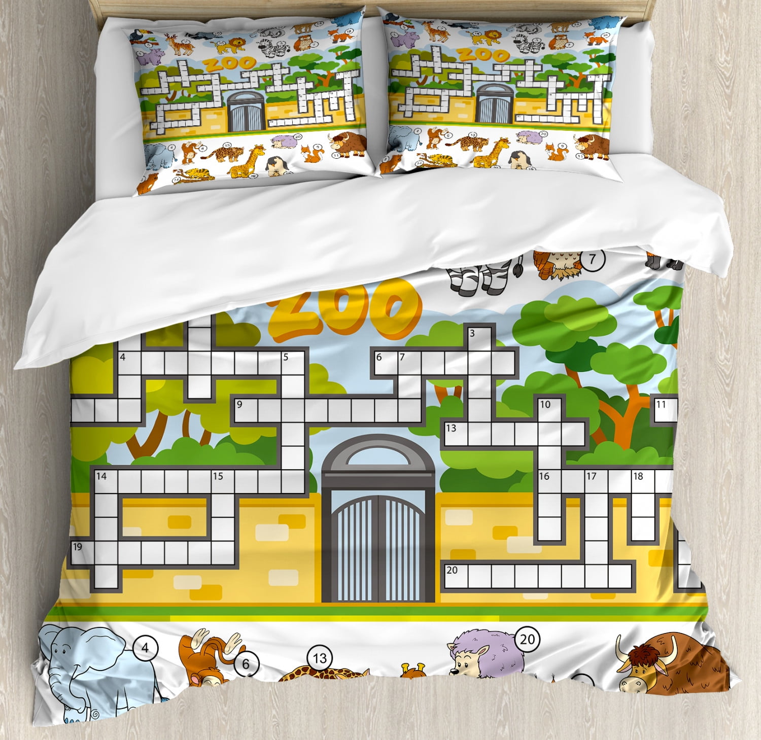 Word Search Puzzle King Size Duvet Cover Set, Zoo Themed Education Game