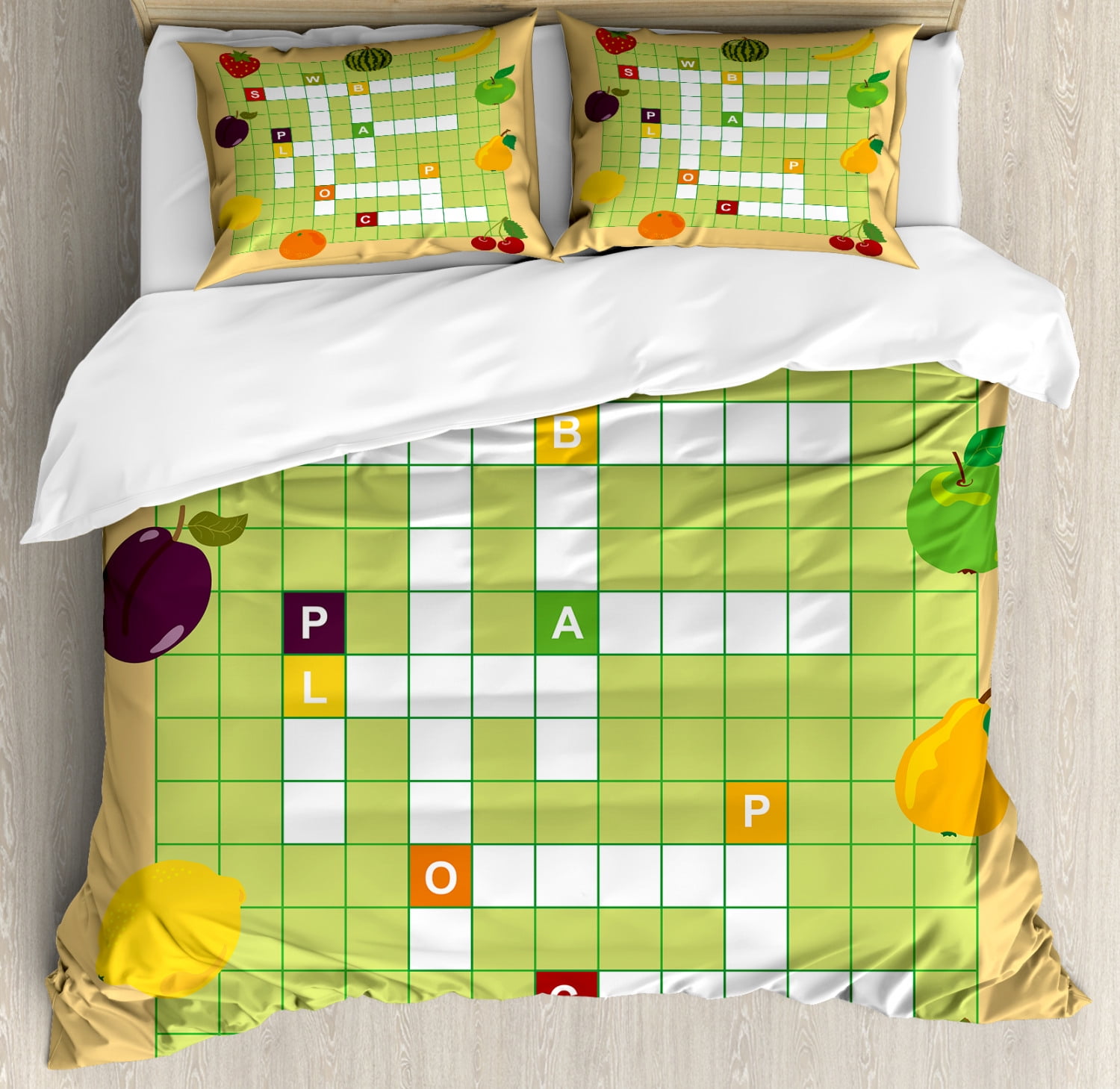 Word Search Puzzle Queen Size Duvet Cover Set, Vivid Graphic Summer