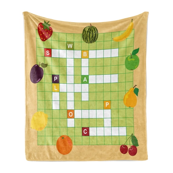 Word Search Puzzle Soft Flannel Fleece Blanket, Vivid Graphic Summer Fruits with Educational Crossword Game Composition, Cozy Plush for Indoor and Outdoor Use, 50" x 70", Multicolor, by Ambesonne