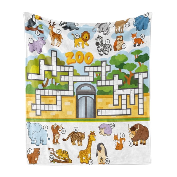 Word Search Puzzle Soft Flannel Fleece Blanket, Zoo Themed Education Game with Different Animals Numbers and Words Print, Cozy Plush for Indoor and Outdoor Use, 50" x 70", Multicolor, by Ambesonne
