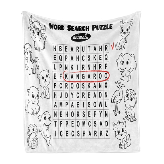 Word Search Puzzle Soft Flannel Fleece Throw Blanket, Black and White Game Sheet Design Finding the Names of Animals, Cozy Plush for Indoor and Outdoor Use, 70" x 90", Black White Red, by Ambesonne