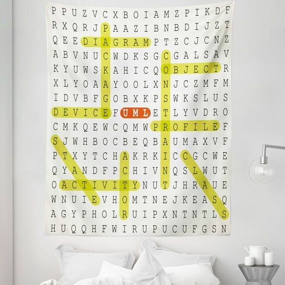 Word Search Puzzle Tapestry, Unified Modeling Language Word Puzzle with Highlighted Keywords, Fabric Wall Hanging Decor for Bedroom Living Room Dorm, 5 Sizes, Black Yellow Orange, by Ambesonne