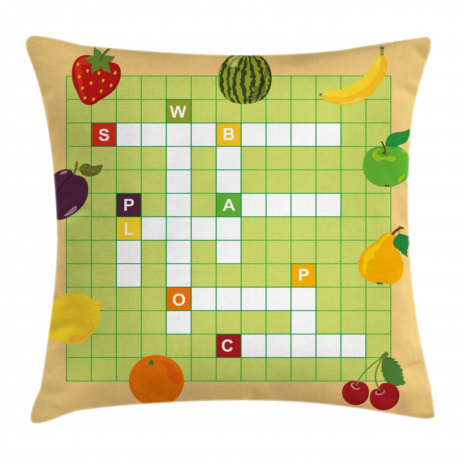 Word Search Puzzle Throw Pillow Cushion Cover, Vivid Graphic Summer Fruits with Educational