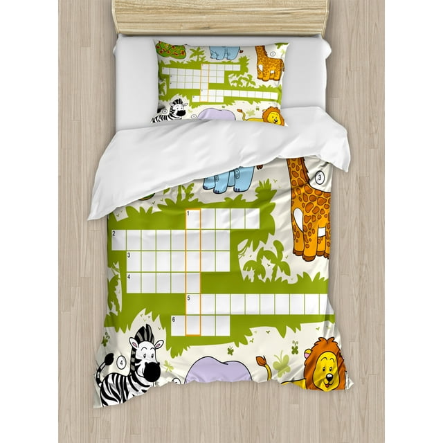 Word Search Puzzle Twin Size Duvet Cover Set, Colorful Crossword Game