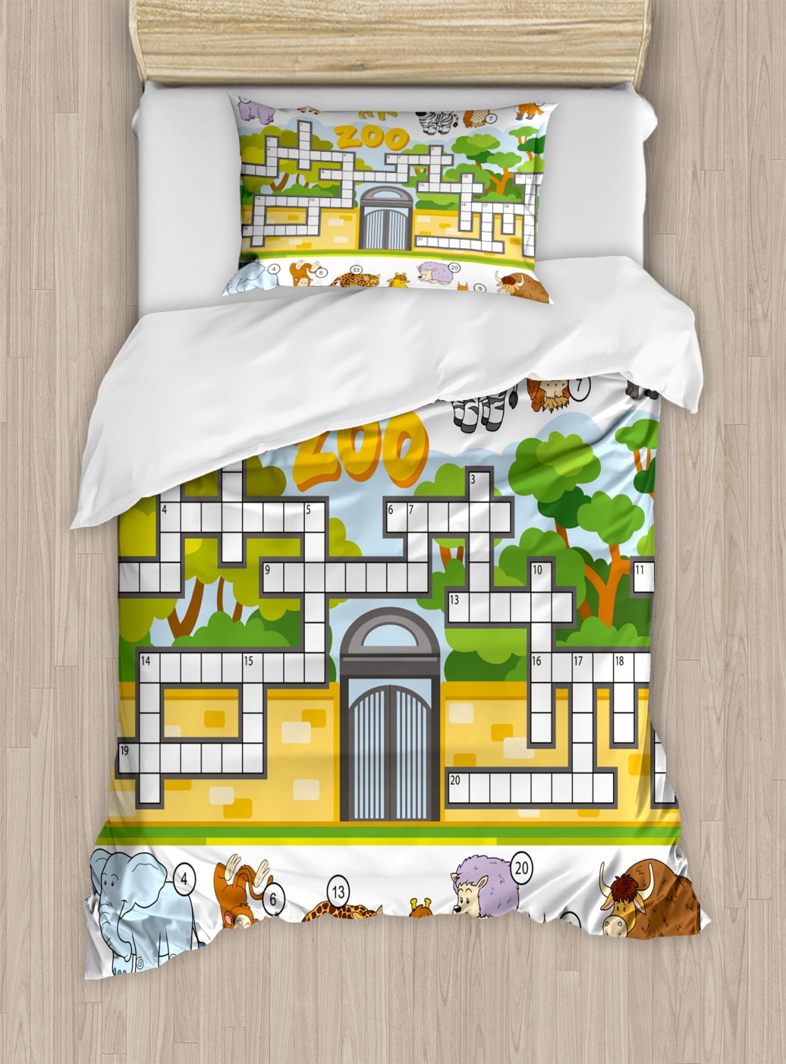 Word Search Puzzle Twin Size Duvet Cover Set, Zoo Themed Education Game