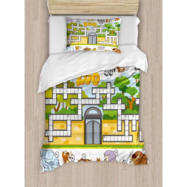 Word Search Puzzle Twin Size Duvet Cover Set, Zoo Themed Education Game