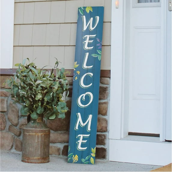 My Word! Welcome Blue w/Leaves Porch Board Welcome Sign & Porch Leaner for Front Porch Deck Patio or Wall - Indoor Outdoor Farmhouse Rustic Vertical Home Decor 8"x46.5"