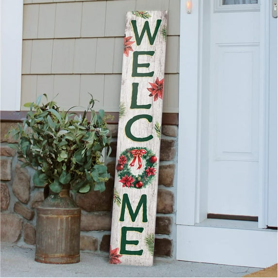 My Word! Welcome with Christmas Wreath Holiday Porch Board Welcome Sign & Porch Leaner for Front Porch Deck Patio or Wall - Indoor Outdoor Farmhouse Rustic Vertical Home Decor 8"x46.5"