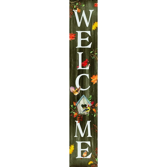 My Word! Welcome Fall Birdhouse Porch Board Welcome Sign & Porch Leaner for Front Porch Deck Patio or Wall - Indoor Outdoor Farmhouse Rustic Vertical Home Decor 8"x46.5"
