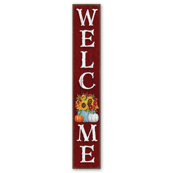 My Word! Welcome Flowers & Pumpkins Porch Board Welcome Sign & Porch Leaner for Front Porch Deck Patio or Wall - Indoor Outdoor Farmhouse Rustic Vertical Home Decor 8"x46.5"