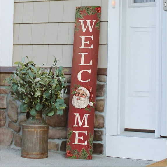 My Word! Welcome Santa Face Christmas Holiday Porch Board Welcome Sign & Porch Leaner for Front Porch Deck Patio or Wall - Indoor Outdoor Farmhouse Rustic Vertical Home Decor 8"x46.5"