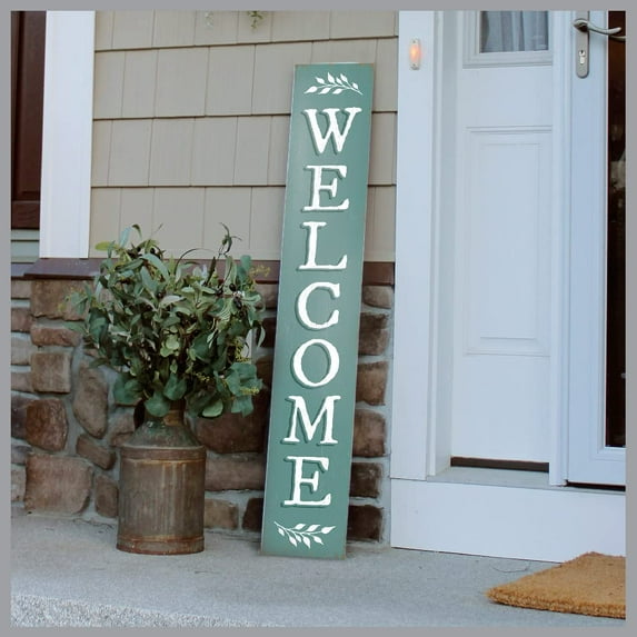 My Word! Welcome Seafoam W/Sprig Porch Board Welcome Sign & Porch Leaner for Front Porch Deck Patio or Wall - Indoor Outdoor Farmhouse Rustic Vertical Home Decor 8"x46.5"