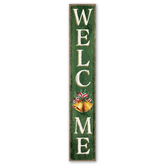 My Word! Welcome w/Holiday Bells Christmas Porch Board Welcome Sign & Porch Leaner for Front Porch Deck Patio or Wall - Indoor Outdoor Farmhouse Rustic Vertical Home Decor 8"x46.5"