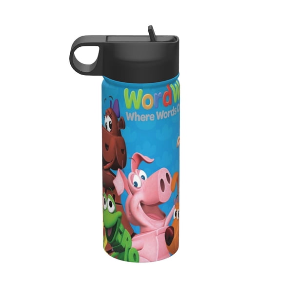 WordWorld Kids Insulated Water Bottle With Straw - 18 Oz Stainless Steel Double Wall Vacuum Cup, Leakproof, Bpa Free, Suitable For Boys And Girls